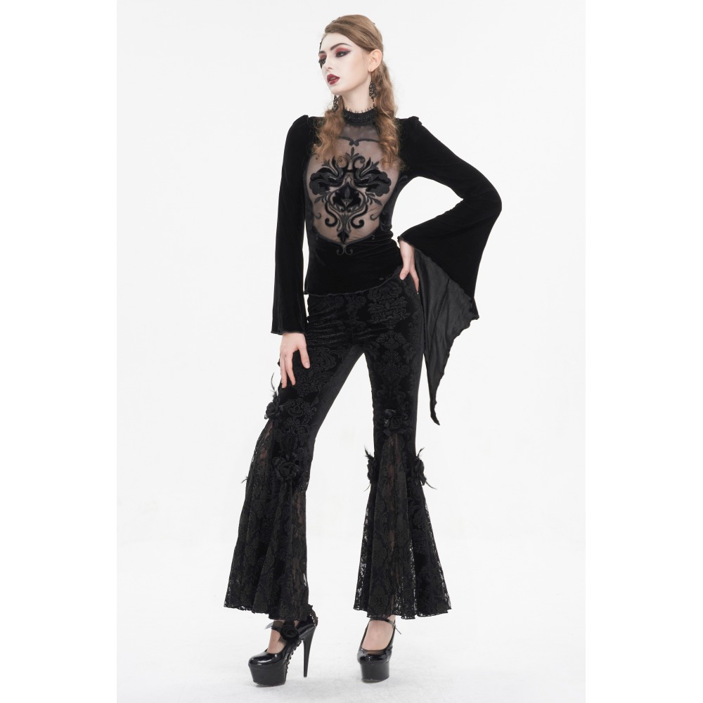 Eva Lady - Gothic velveteen embossed flared pants Flared trousers - Black